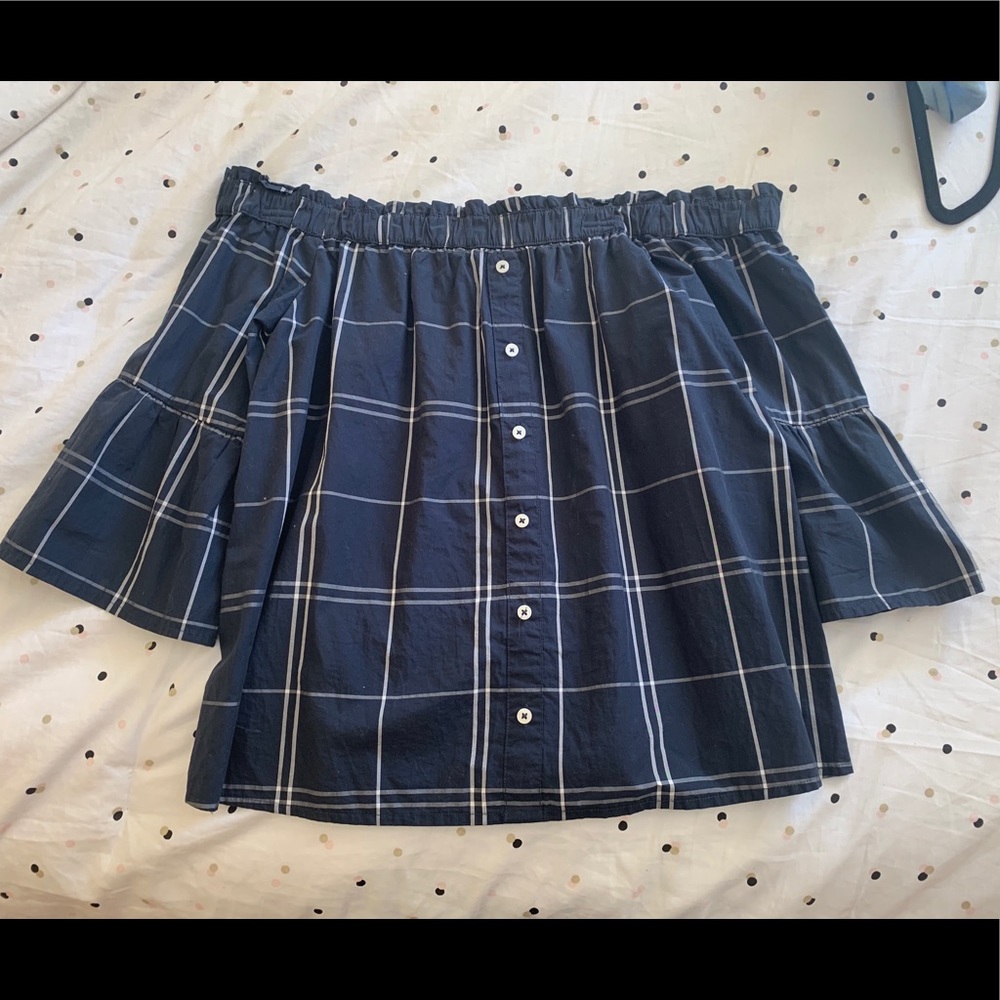 Navy Blue Plaid Off The Shoulder Top